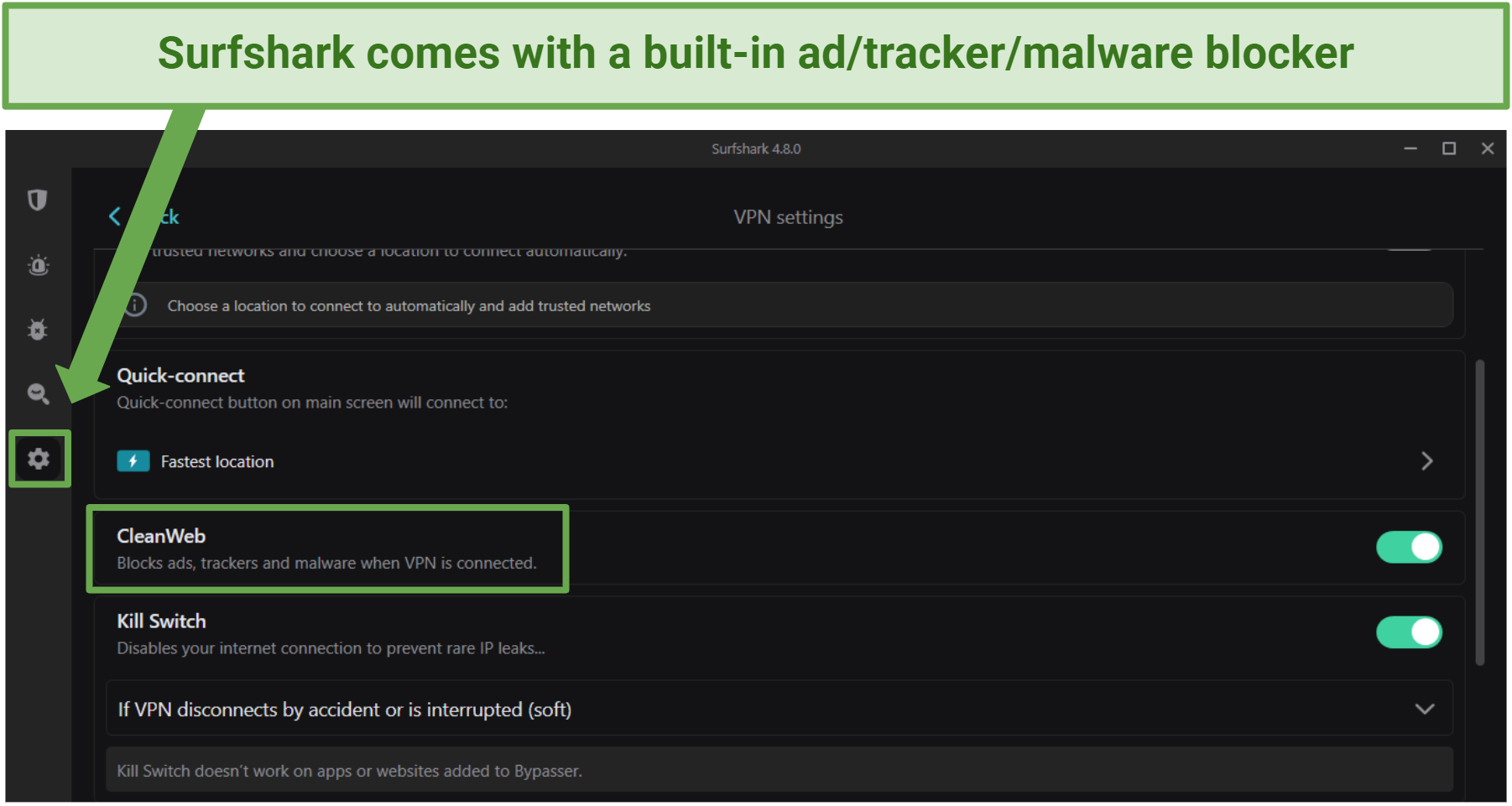 Screenshot of Surfshark's CleanWeb (ad and malware blocker)