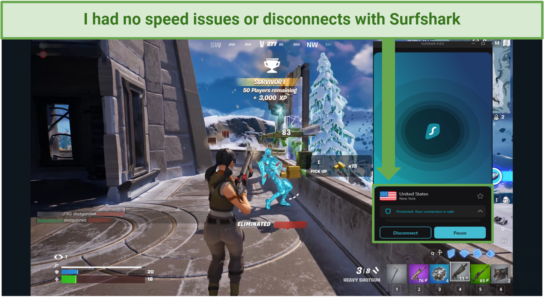Screenshot of Fortnite gaming with Surfshark connected to the New York server