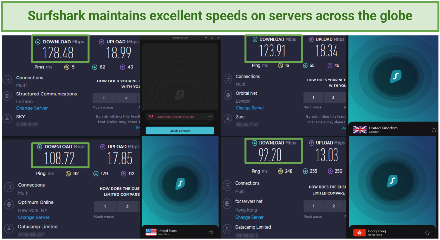 Pictures of Surfshark's VPN speed test on servers in the US, UK, and Asia (Hong Kong)