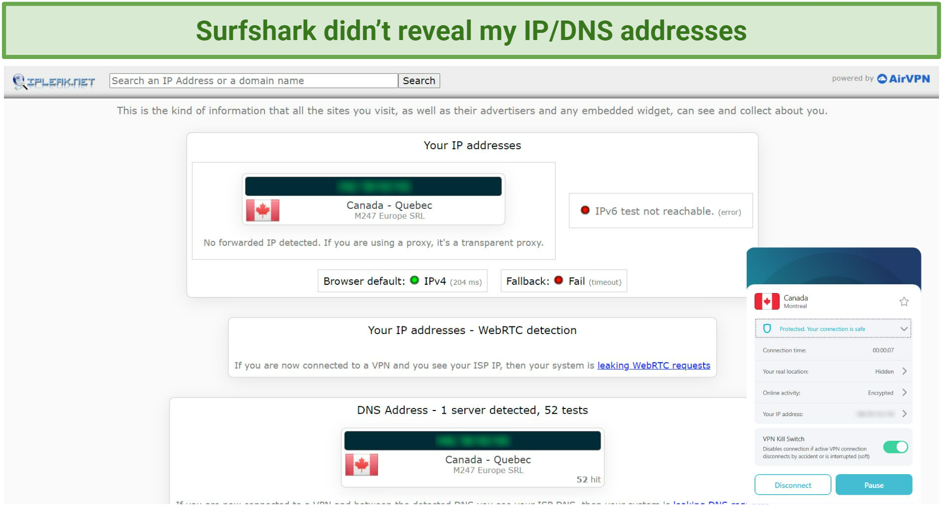 Screenshot of Surfshark successfully passing a IP/DNS leak test