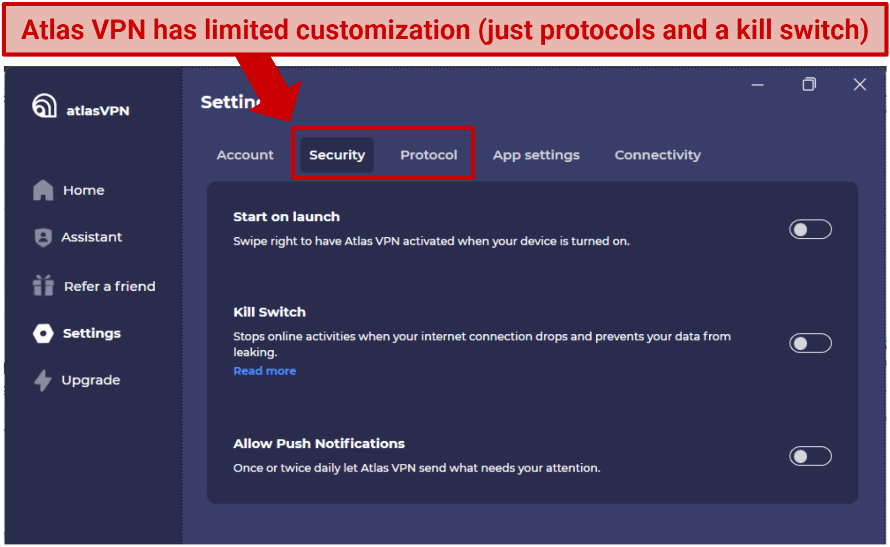 Screenshot of Atlas VPN limited security settings