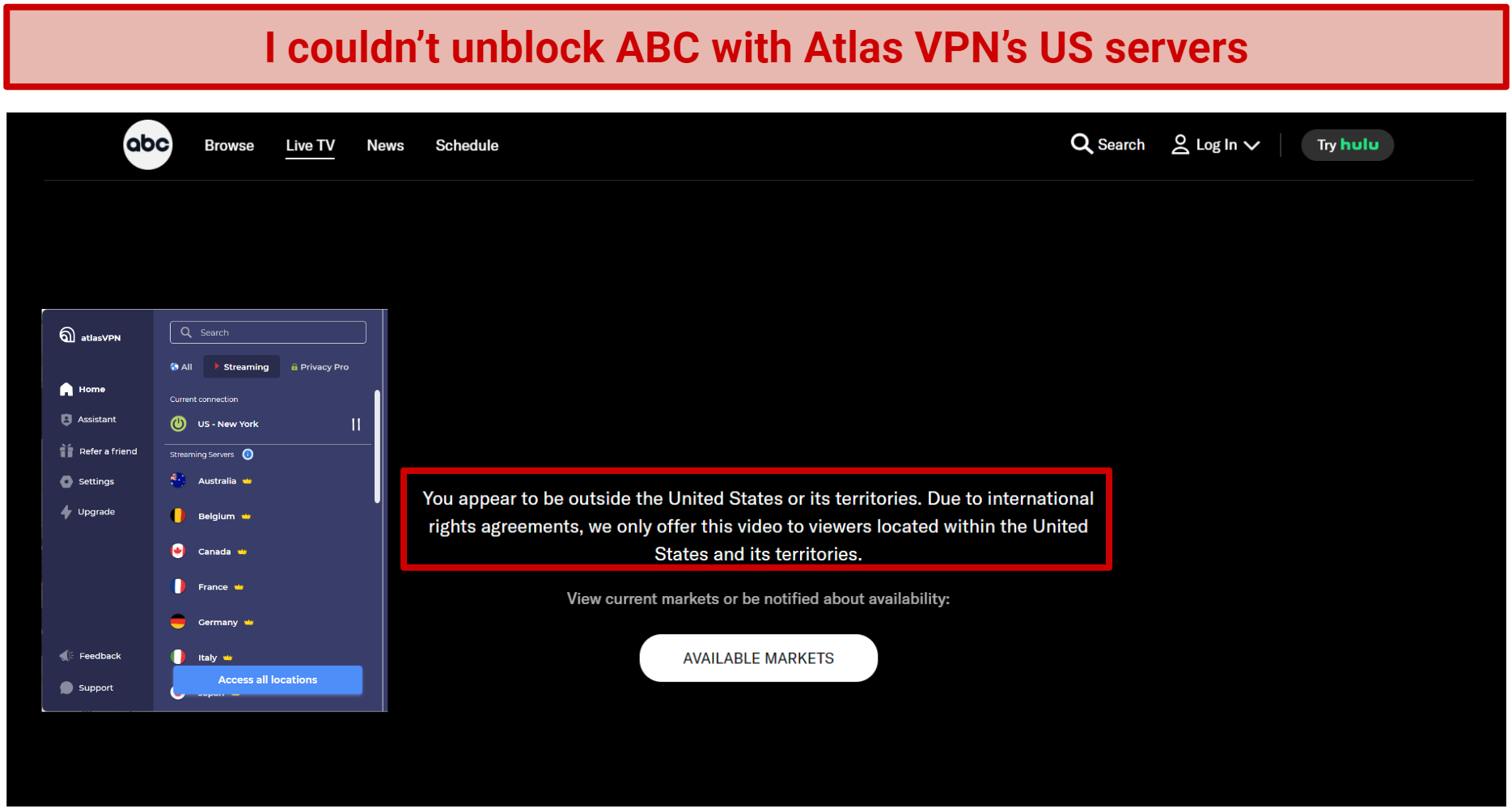Screenshot of Atlas VPN failing to unblock ABC