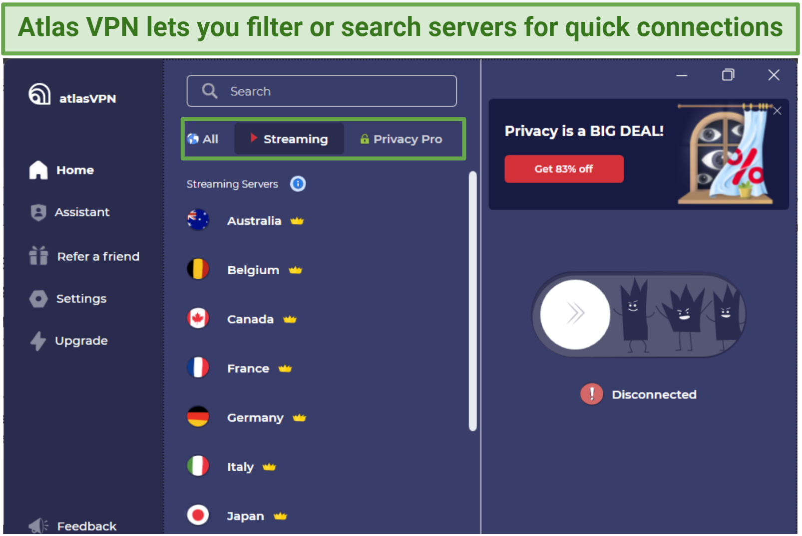 Screenshot of Atlas VPN user interface