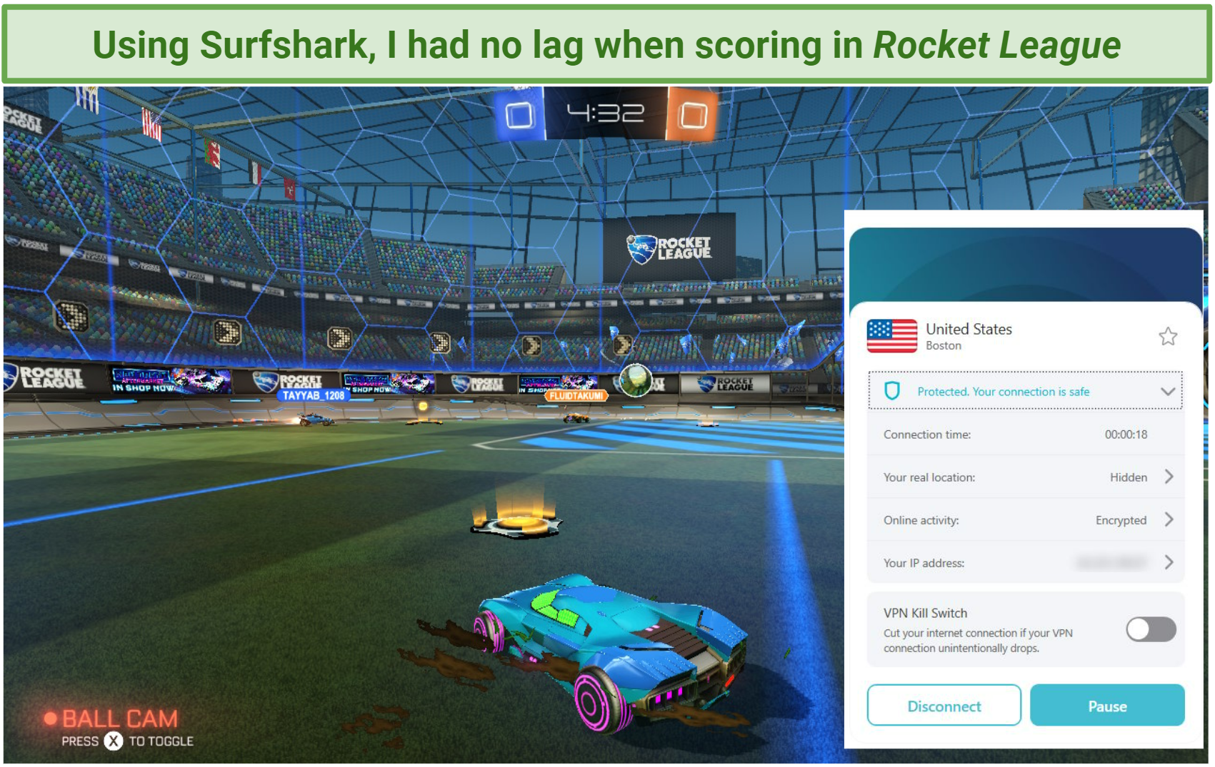 Screenshot of Surfshark providing good ping in games