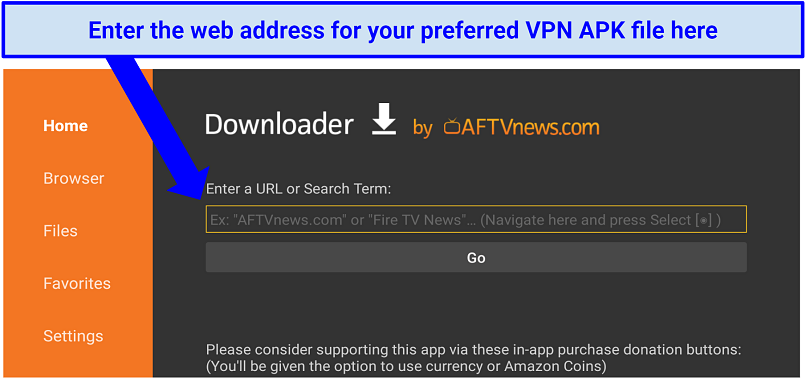 Screenshot showing how to use Downloader app to get ExpressVPN on Fire Stick TV.