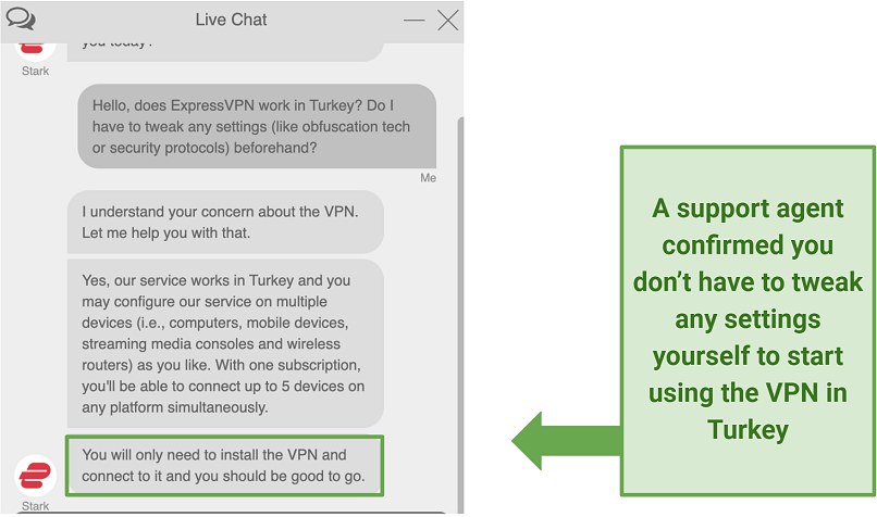 Screenshot of a convo with ExpressVPN's agent via live chat