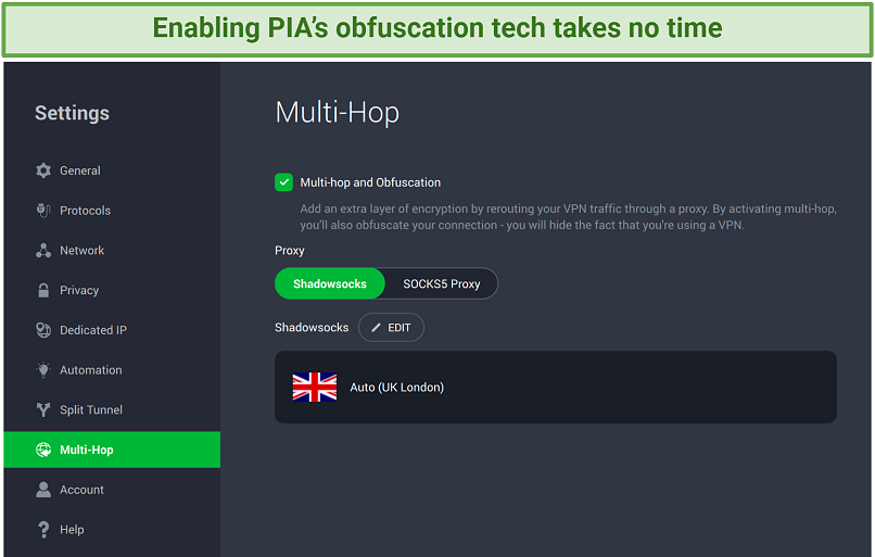 Screenshot of PIA's Shadowsocks settings
