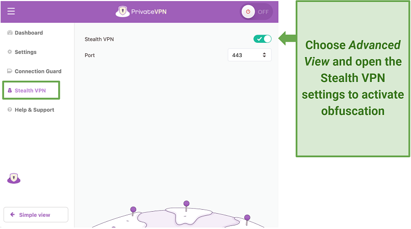 Screenshot of PrivateVPN's Stealth VPN settings