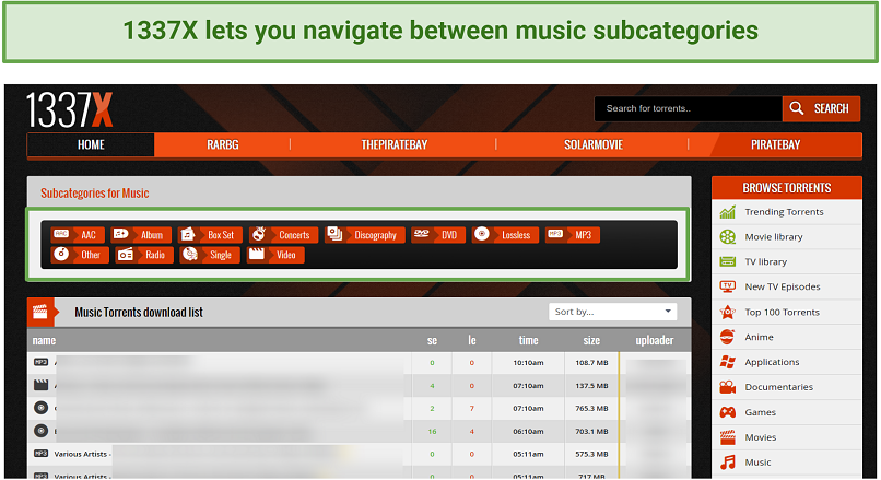 Picture of 1337X music subcategories