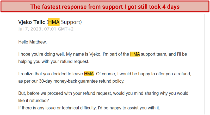 Screenshot of an email response from HMA support asking why I want a refund