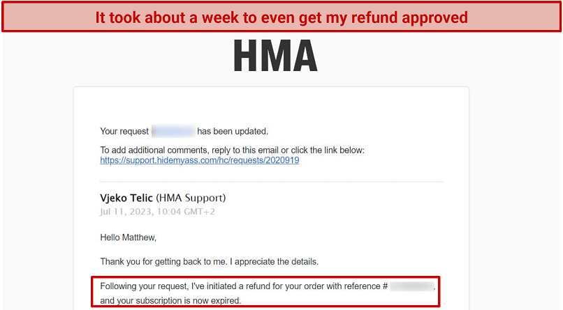 Screenshot of a conversation with HMA support staff where my refund request was approved