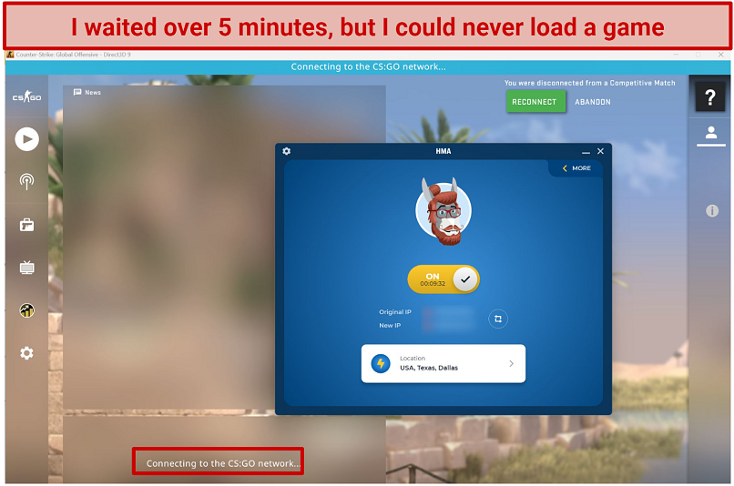 Screenshot of Steam being unable to load Counter-Strike: Global Offensive while connected to HMA's Dallas server