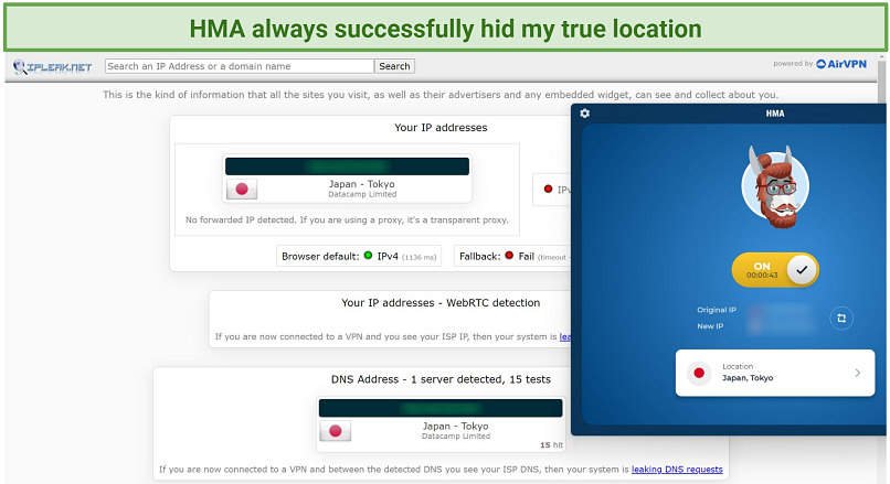 Screenshot of a leak test performed on ipleak.net while connected to HMA's Japan server