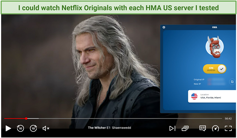 Screenshot of Netflix player streaming The Witcher while connected to HMA's Miami server