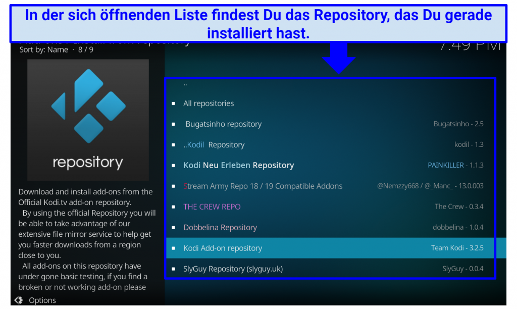 A screenshot showing where installed repositories appear in Kodi