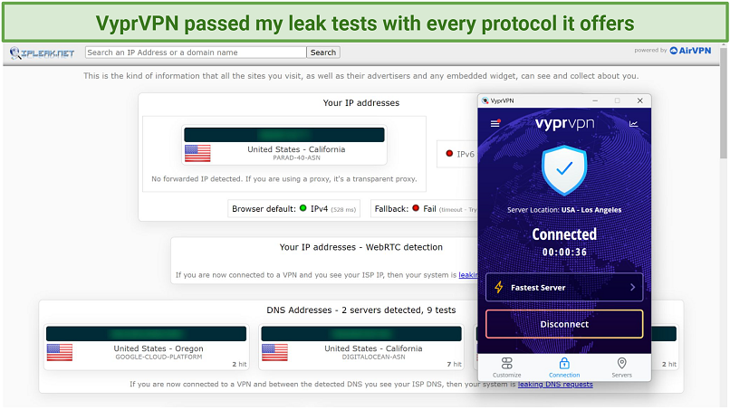 Screenshot of a leak test performed on ipleak.net while connected to VyprVPN showing it successfully hiding my real location