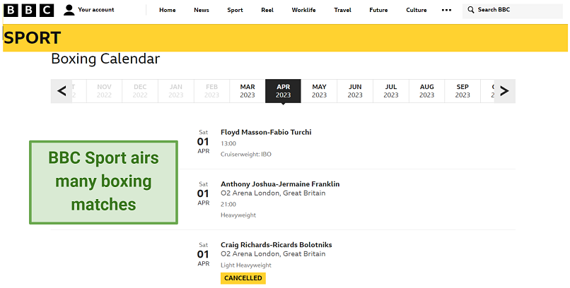 Screenshot of Picture of BBC Sports boxing calendar