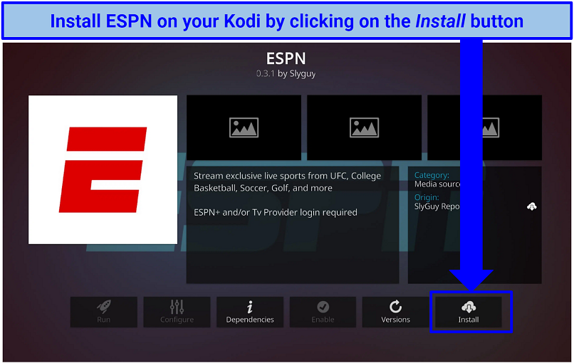 Screenshot of ESPN addon in Kodi