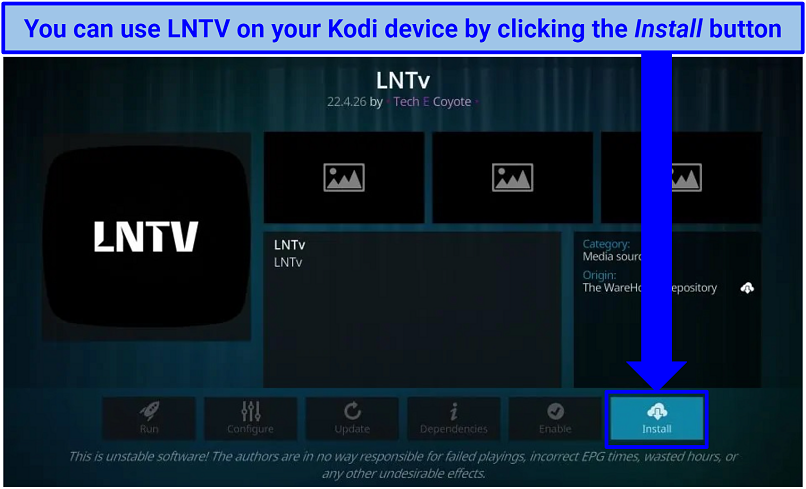 Screenshot of LNTV addon in Kodi