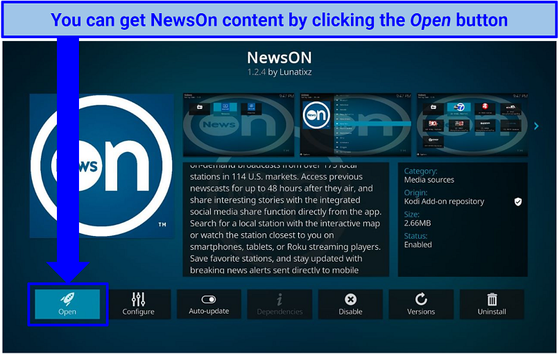 Screenshot of NewsOn addon in Kodi