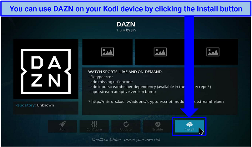 Screenshot of DAZN addon on Kodi