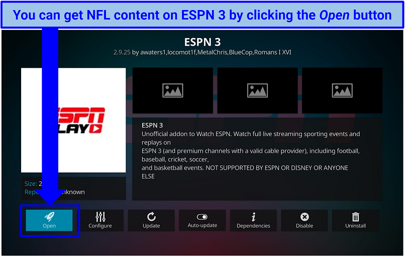 Screenshot of ESPN 3 addon on Kodi
