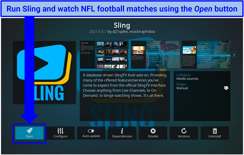 Screenshot of Sling addon on Kodi