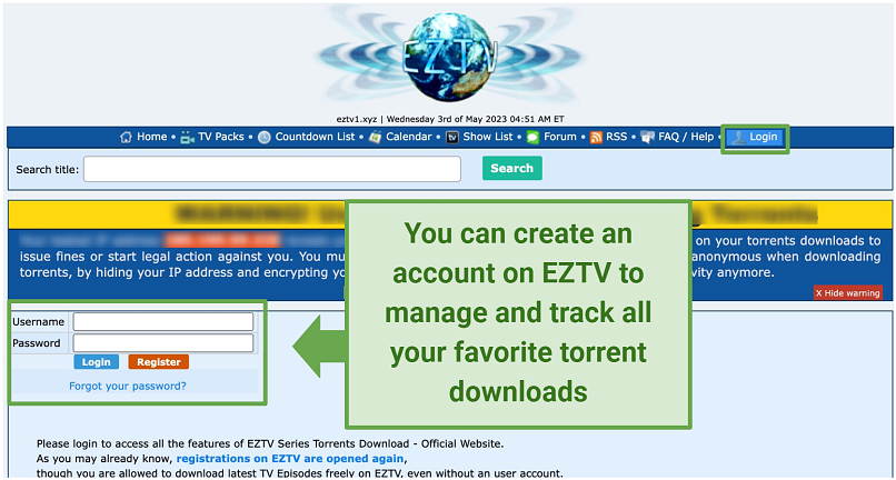 Capture d'écran du site Web de l'EZTV