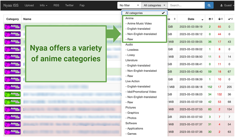 Screenshot of the Nyaa website