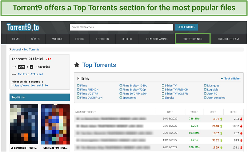 Screenshot of the Torrent9 website