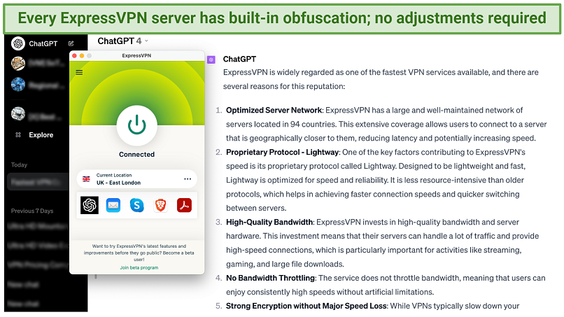 Screenshot of the ExpressVPN connected to a UK server over a ChatGPT conversation on a browser