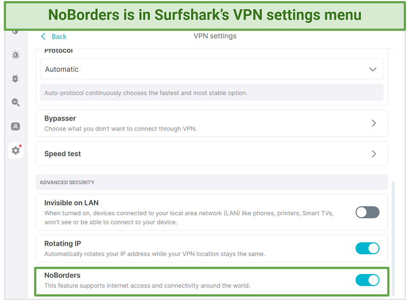 A screenshot showing Surfshark's NoBorders feature enabled in the VPN settings menu