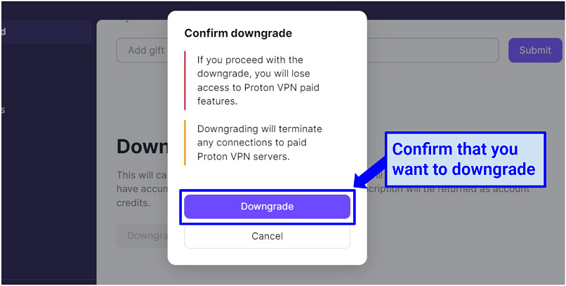Et skærmbillede af Proton VPN -nedgraderingsbekræftelsesmeddelelsen
