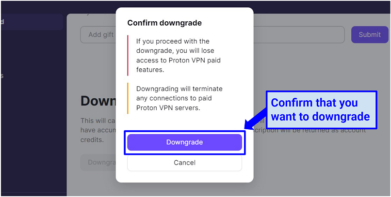 A screenshot of the Proton VPN downgrade confirmation message