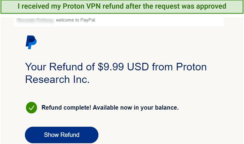 Et skærmbillede af Proton VPN PayPal Refusion