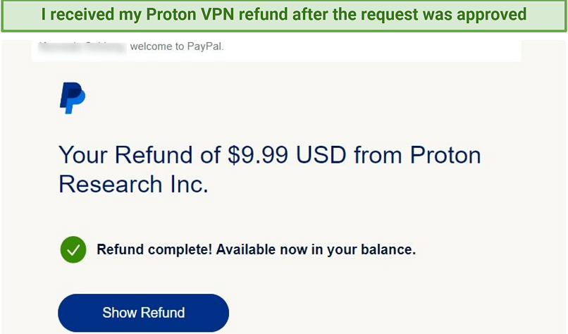 Una captura de pantalla del reembolso de Proton VPN PayPal