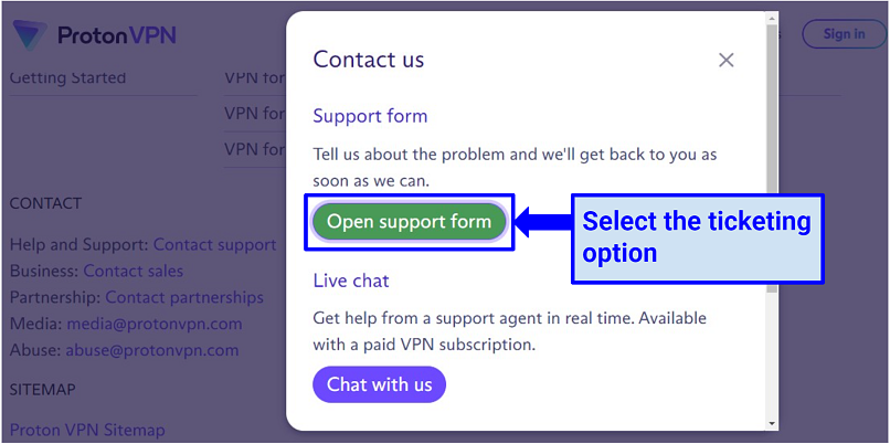 A screenshot of Proton VPN support ticket prompt