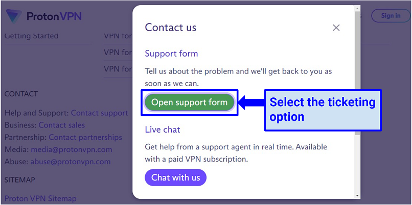 Una captura de pantalla de Proton VPN Support Ticket Insputamiento