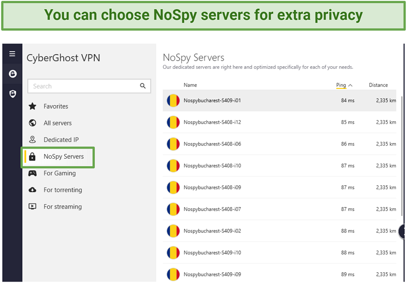 Screenshot of CyberGhost's NoSpy servers