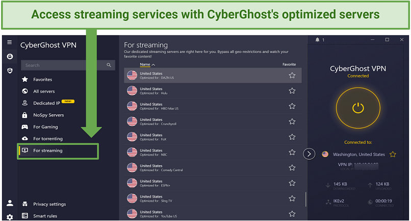 Screenshot of CyberGhost streaming-optimized servers to watch boxing matches
