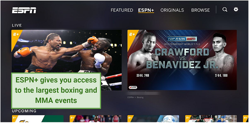 Screenshot of ESPN+ boxing and MMA matches