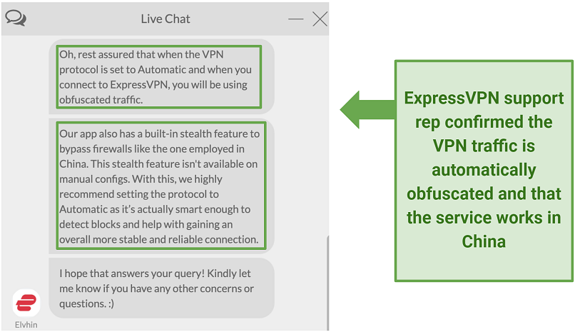 Screenshot of a chat with ExpressVPN customer support rep