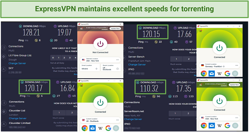 Pictures of ExpressVPN speed tests on Ookla in the UK, US, and Germany