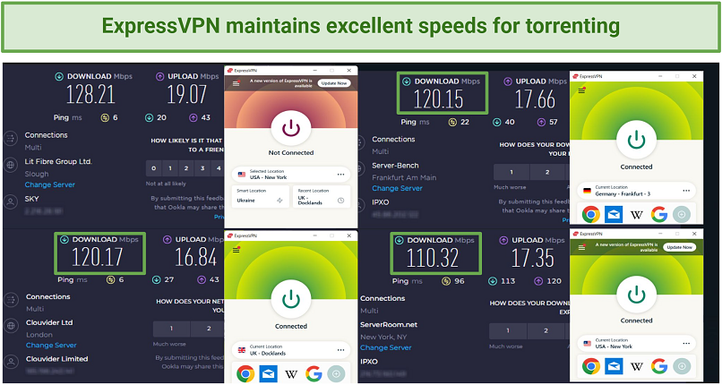 Photos de tests de vitesse ExpressVPN sur Ookla au Royaume-Uni, aux États-Unis et en Allemagne