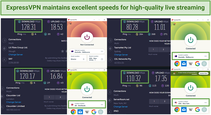 Pictures of ExpressVPN Lightway protocol speed tested on Ookla for the Australia, US, and UK servers