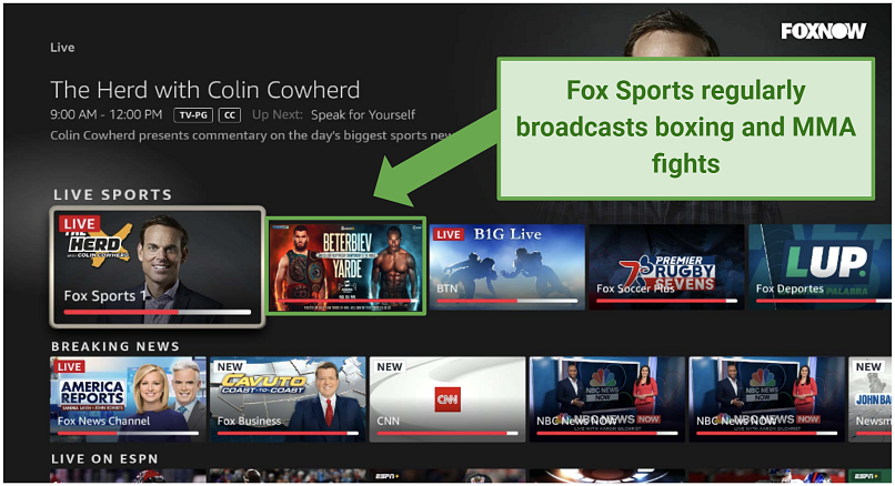 Screenshot of FOX Sports interface and a boxing match