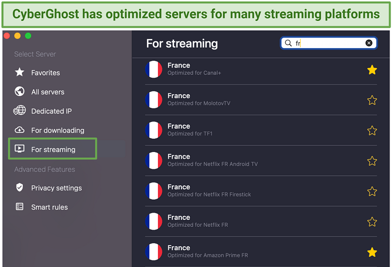 Screenshot of CyberGhost streaming-optimized servers