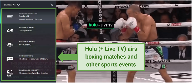 Screenshot of a live boxing match on Hulu + Live TV