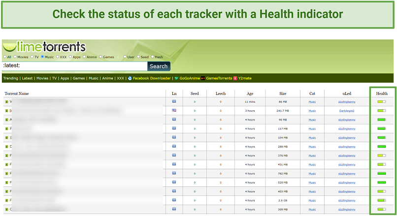 Screenshot of LimeTorrents audio tracker list