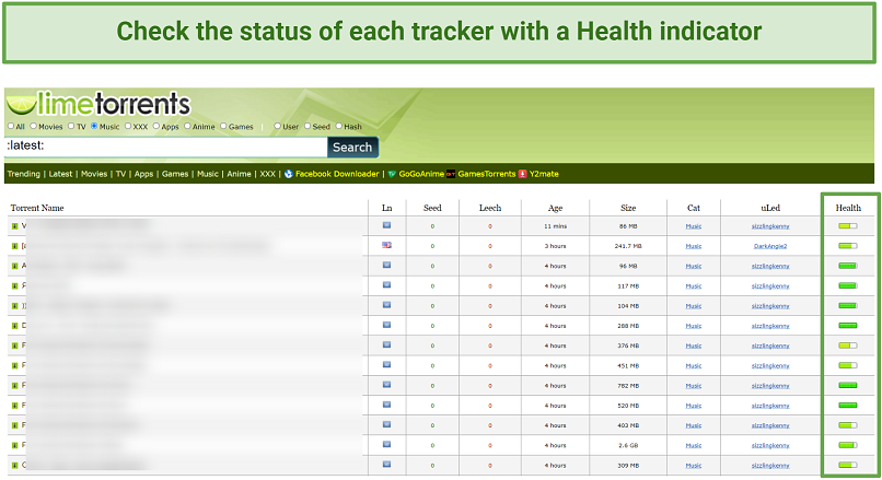 Capture d'écran de la liste des tracker audio Limetorrent